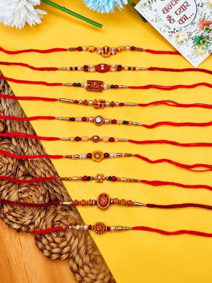 Anouk Set Of 10 Multicolor Designer Thread Rakhi With Roli Chawal Chandan Mishri