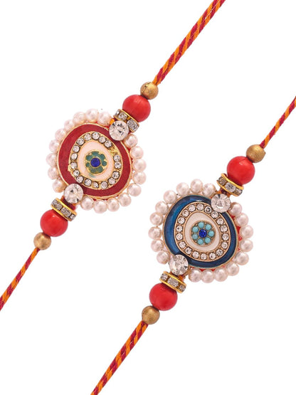 Anouk Set Of 2 White Pearl-Beaded Rakhi With Roli Rice & Greeting Card