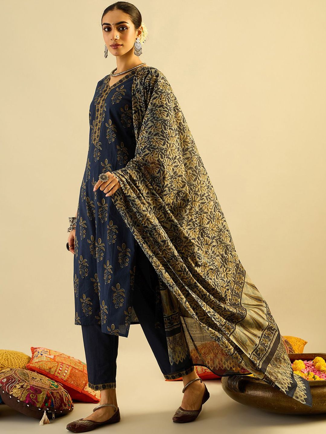 Dhiyona IE Navy Blue Floral Printed V-Neck Pure Cotton Kurta with Trousers & Dupatta