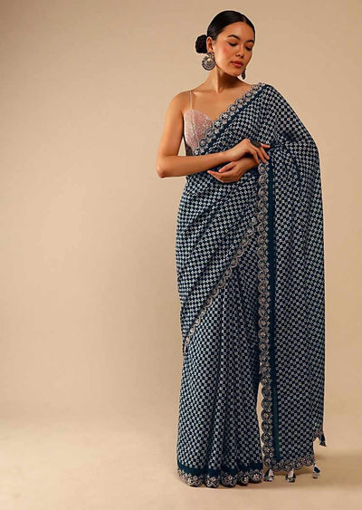Indyancart GR Women's Mahi Teal Chinnon Sequence Saree