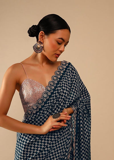 Indyancart GR Women's Mahi Teal Chinnon Sequence Saree