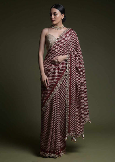 Indyancart GR Women's Mahi Wine Chinnon Sequence Saree