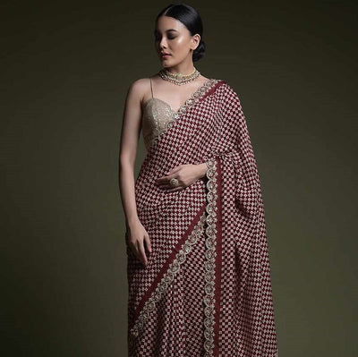 Indyancart GR Women's Mahi Wine Chinnon Sequence Saree
