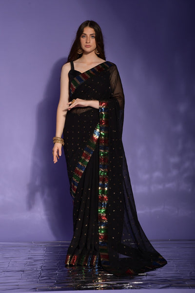 Indyancart GR Women's Koski Black Georgette Sequence Saree