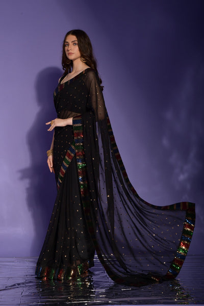 Indyancart GR Women's Koski Black Georgette Sequence Saree