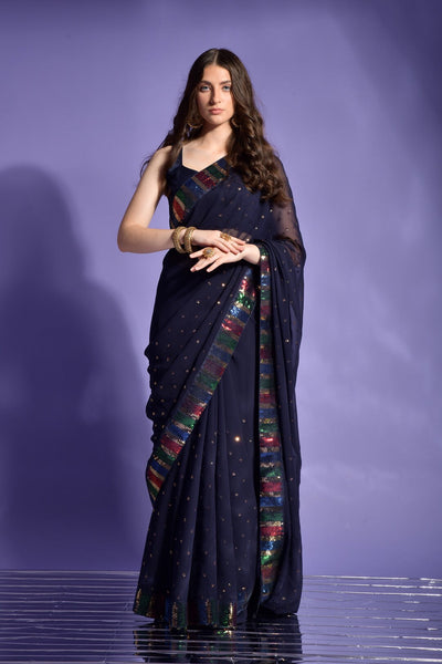 Indyancart GR Women's Koski Navy Georgette Sequence Saree