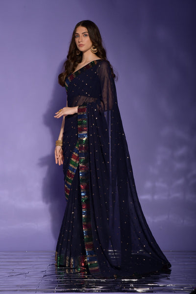 Indyancart GR Women's Koski Navy Georgette Sequence Saree