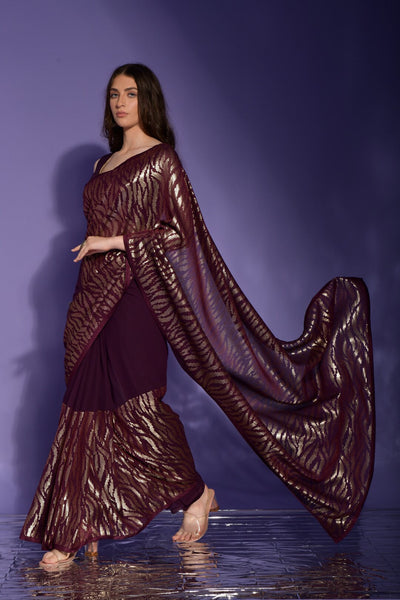 Indyancart GR Women's Jeet Wine Georgette Sequence Saree