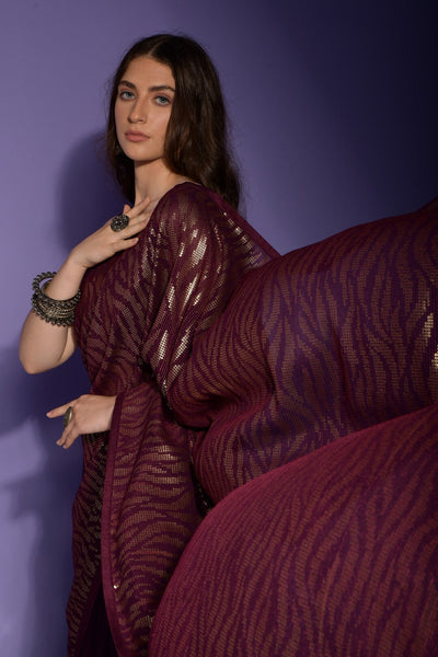 Indyancart GR Women's Jeet Wine Georgette Sequence Saree