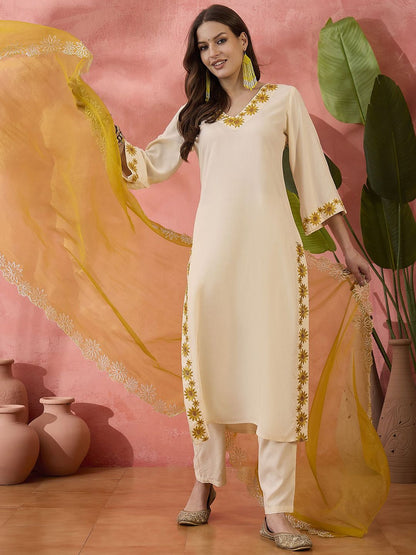 Indyancart SN Women's Cream Floral Embroidered V-Neck Straight Kurta With Trouser And Dupatta