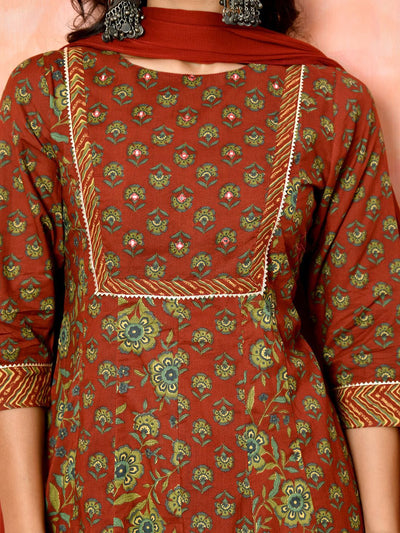 Indyancart SN Women's Floral Printed Pure Cotton Round Neck Anarkali Kurta With Trouser And Dupatta