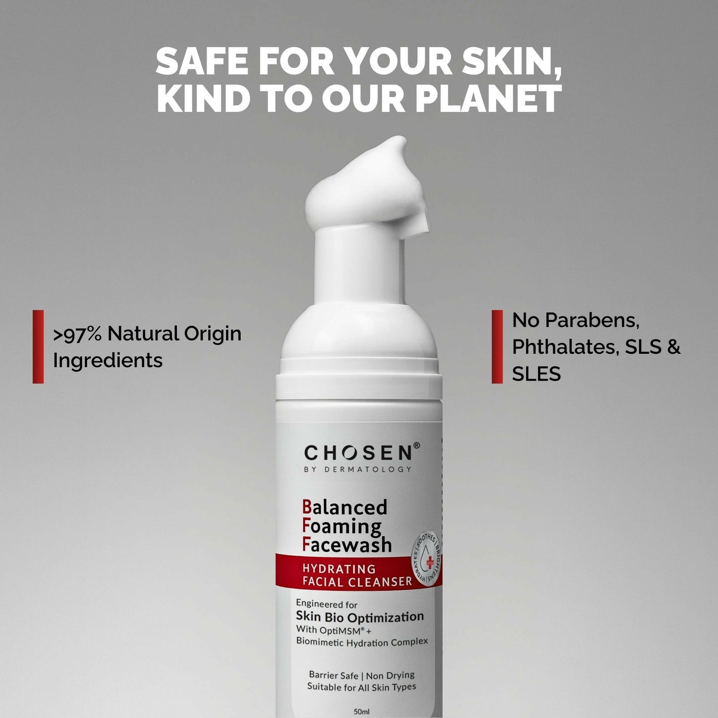 Chosen Balanced Foaming Facewash daily cleanser with Optymsm, shown in a clear pump bottle with foaming texture.