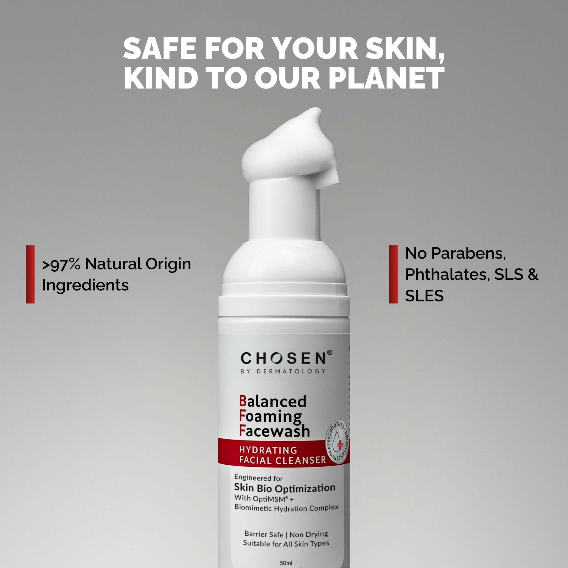 Chosen Balanced Foaming Facewash daily cleanser with Optymsm, shown in a clear pump bottle with foaming texture.