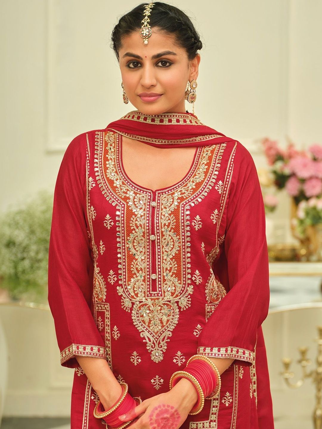 Indyancart IE Women Ethnic Motifs Embroidered Regular Kurta with Palazzos & With Dupatta