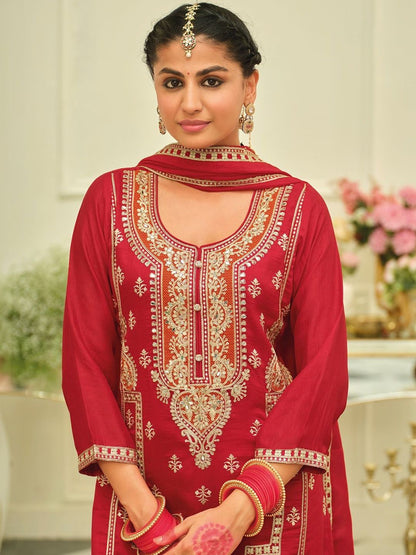 Indyancart IE Women Ethnic Motifs Embroidered Regular Kurta with Palazzos & With Dupatta