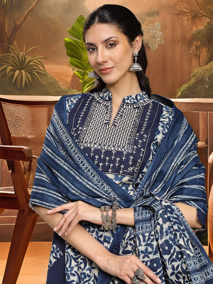 Indyancart SN Women's Embroidered A-Line Pure Cotton Kurta & Trousers With Dupatta