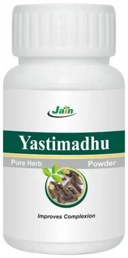 Sri Jain Ayurvedic Pharmacy Yastimadhu powder in a clear bowl, showing the fine, brownish herbal powder for medicinal use.