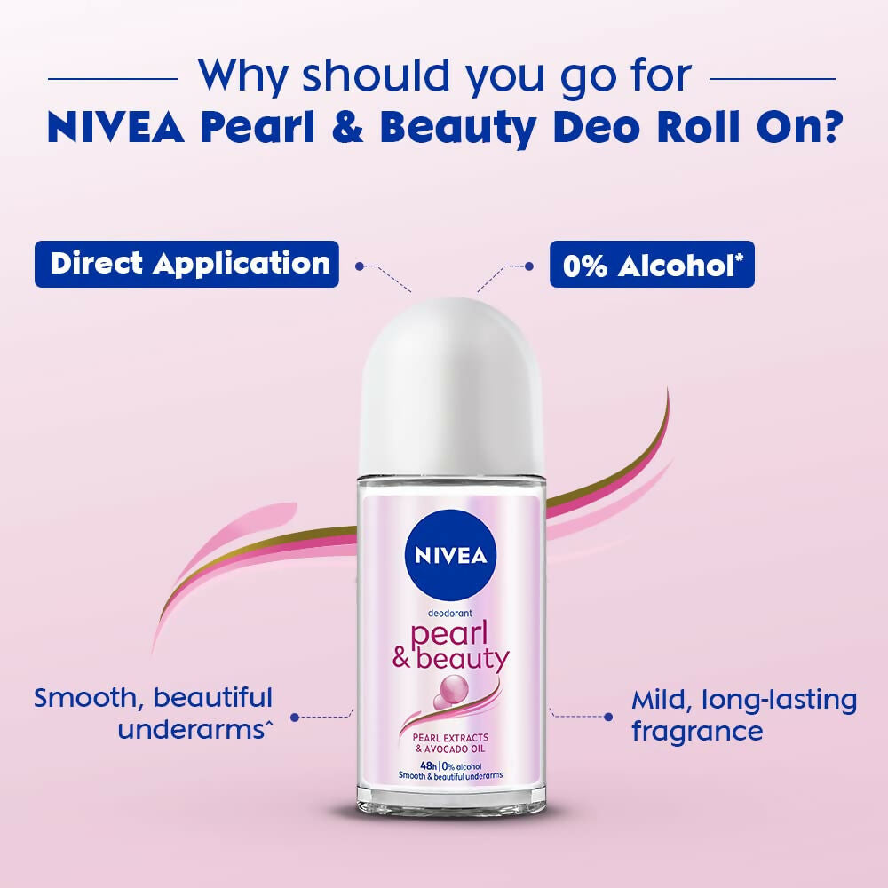 Nivea Pearl and Beauty Deo Roll On with pearl extracts and avocado oil, 48-hour smooth and radiant underarms in a clear bottle