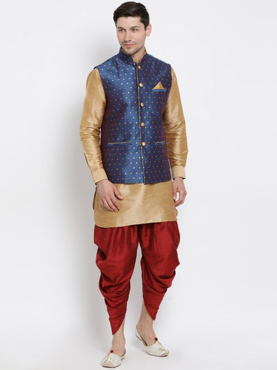 Men's Gold Silk Blend Straight Jacket  Kurta and Dhoti Set