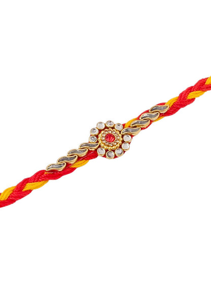 Anouk Men Set Of 3 Red & Yellow Kundan Studded Floral Design Thread Rakhi With Roli Chawal