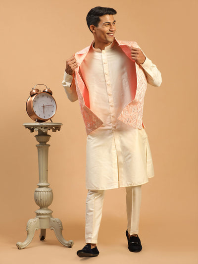 Men's Cream Viscose Straight Jacket  Kurta and Pyjama Set