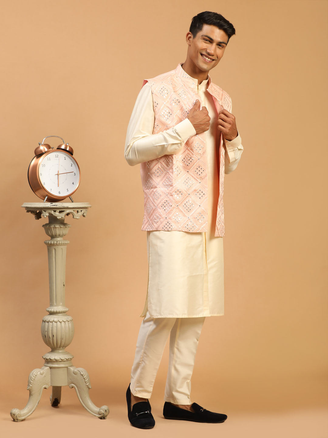 Men's Cream Viscose Straight Jacket  Kurta and Pyjama Set