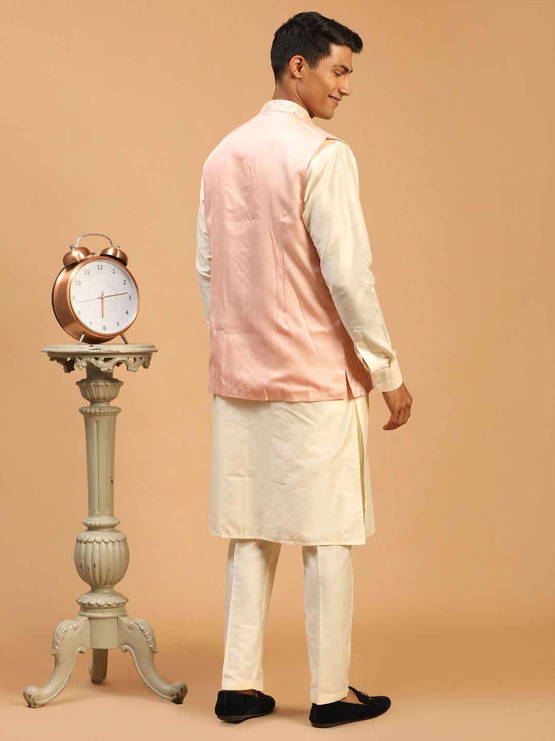 Men's Cream Viscose Straight Jacket  Kurta and Pyjama Set