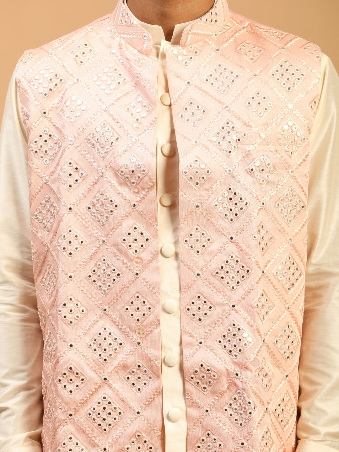 Men's Cream Viscose Straight Jacket  Kurta and Pyjama Set