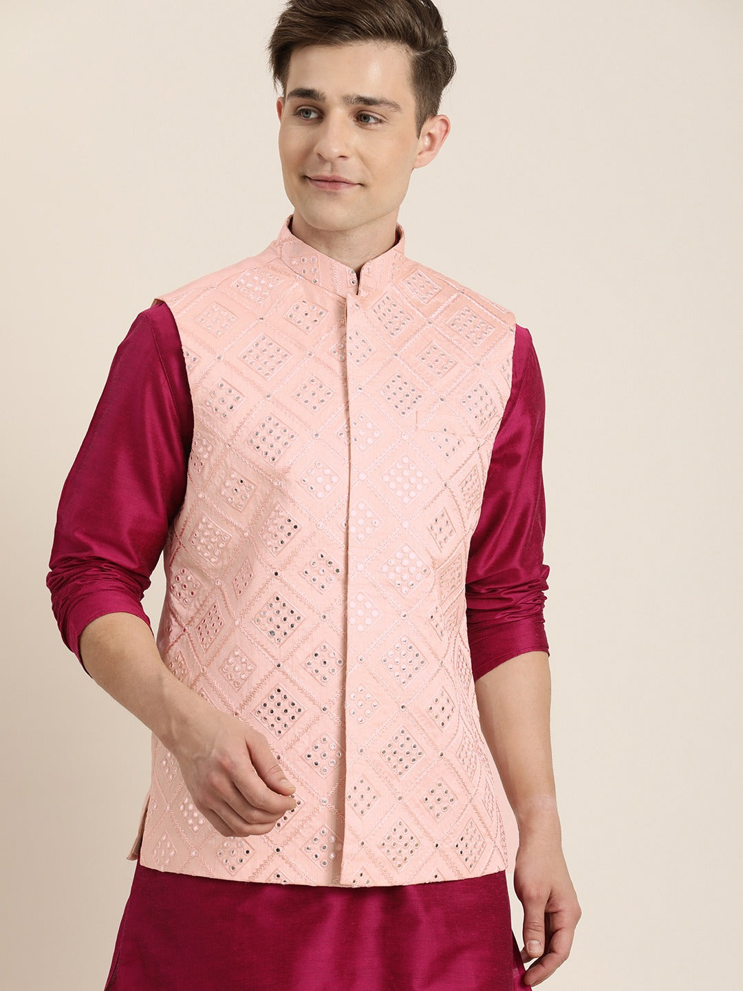Men's Pink Viscose Blend Straight Jacket  Kurta and Pyjama Set