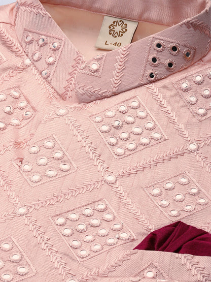 Men's Pink Viscose Blend Straight Jacket  Kurta and Pyjama Set