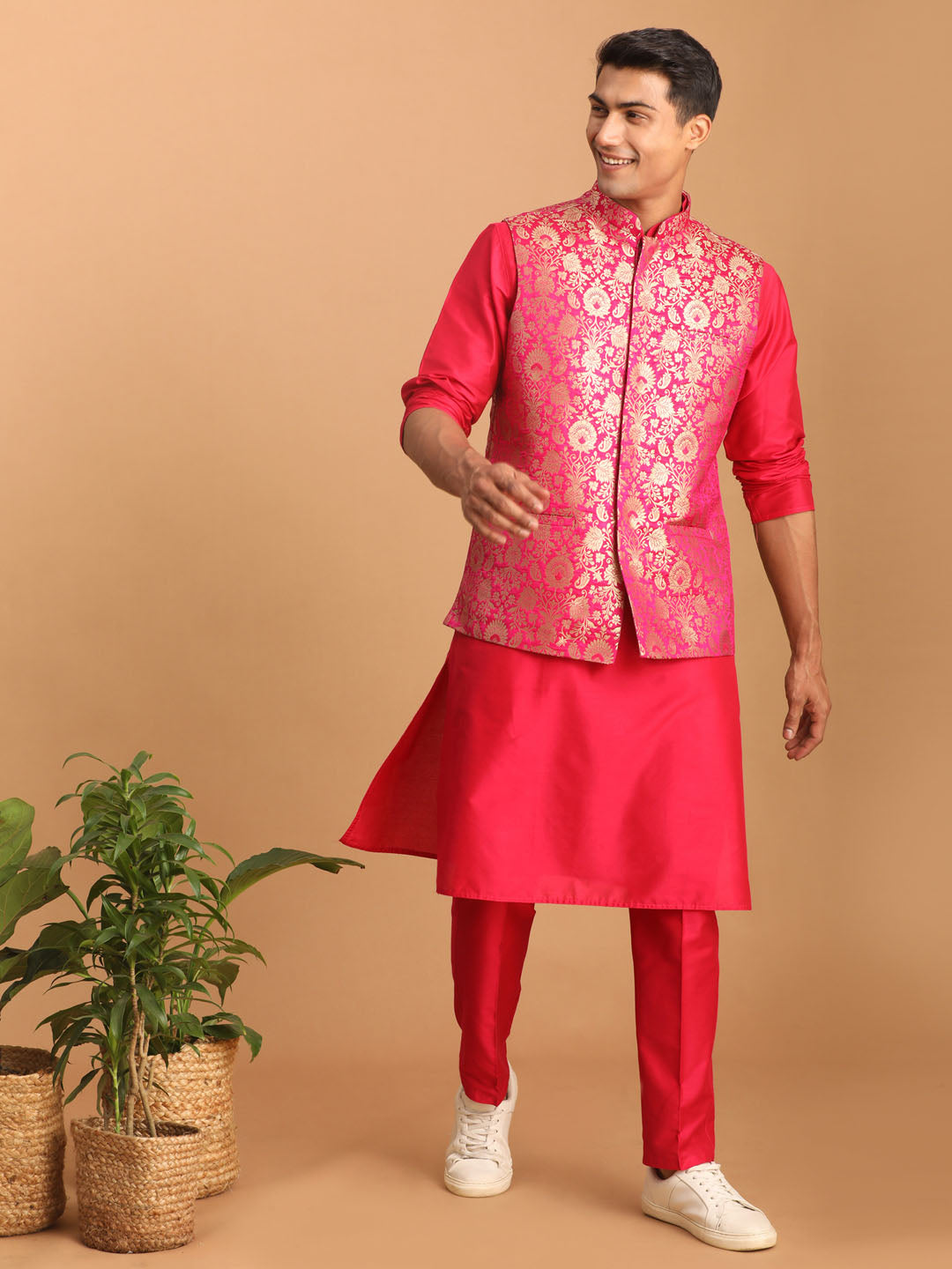 Men's Pink Viscose Straight Jacket  Kurta and Pyjama Set