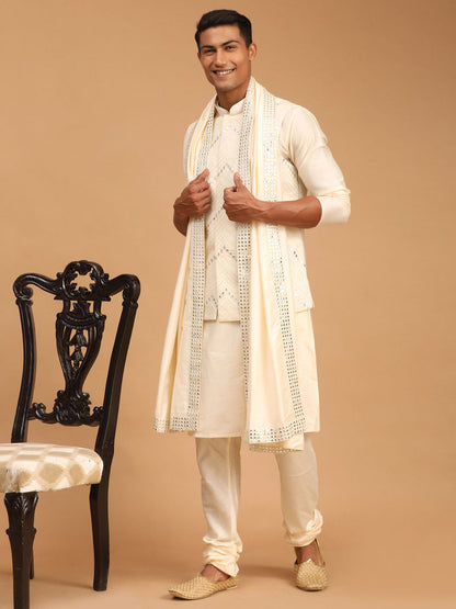 Men's Cream Viscose Straight Jacket  Kurta and Pyjama Set