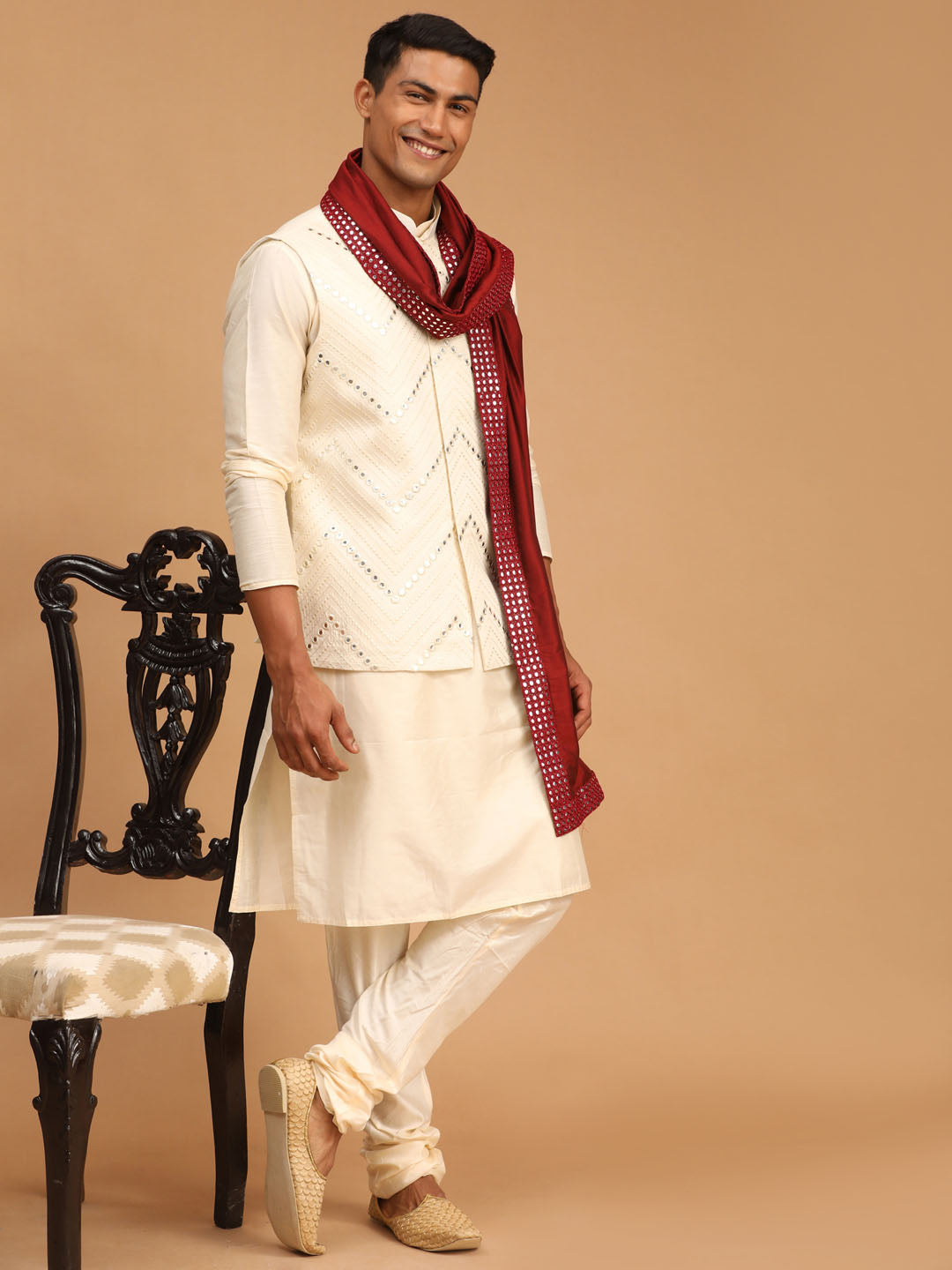 Men's Cream Viscose Straight Jacket  Kurta and Pyjama Set