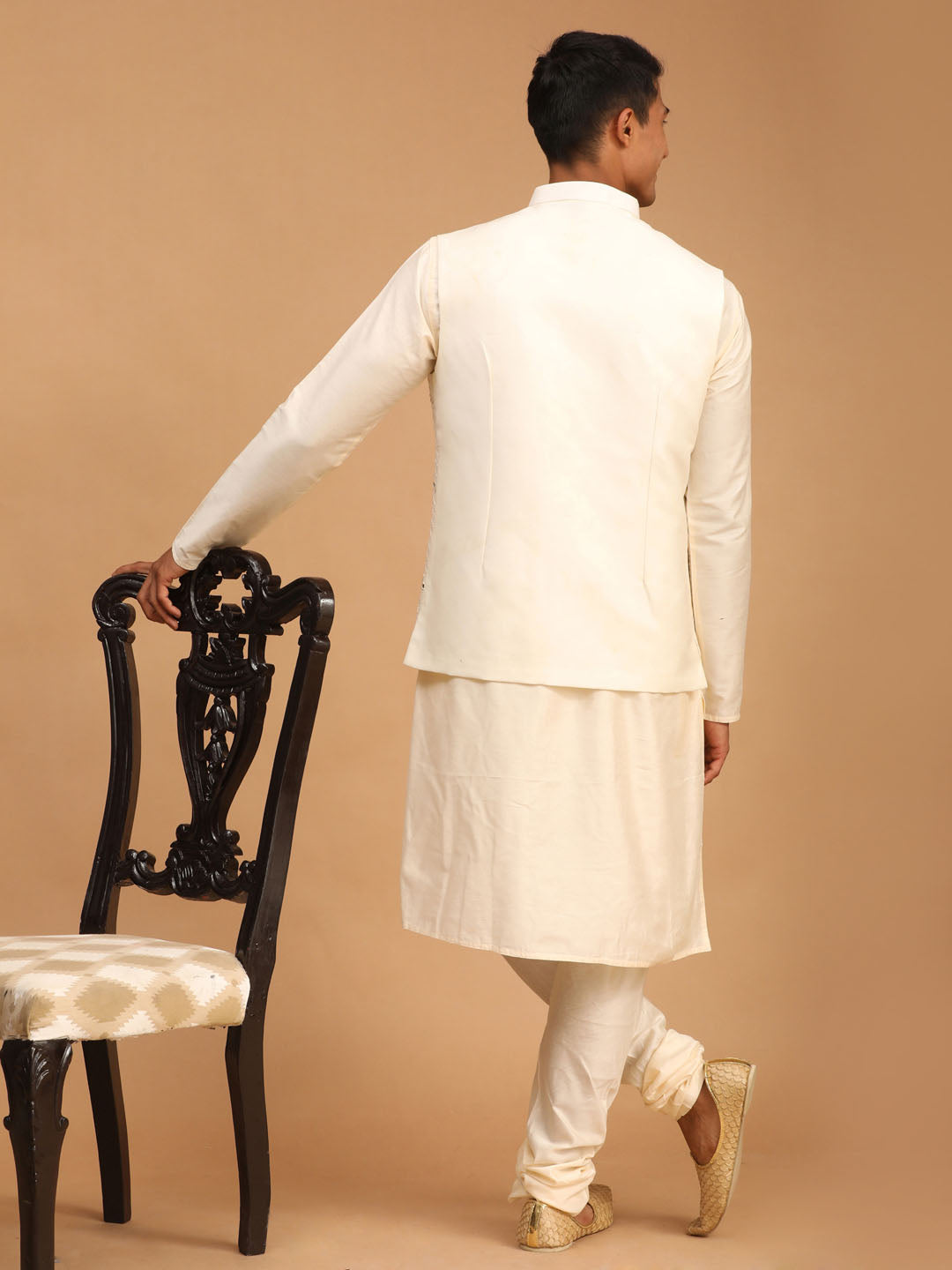 Men's Cream Viscose Straight Jacket  Kurta and Pyjama Set
