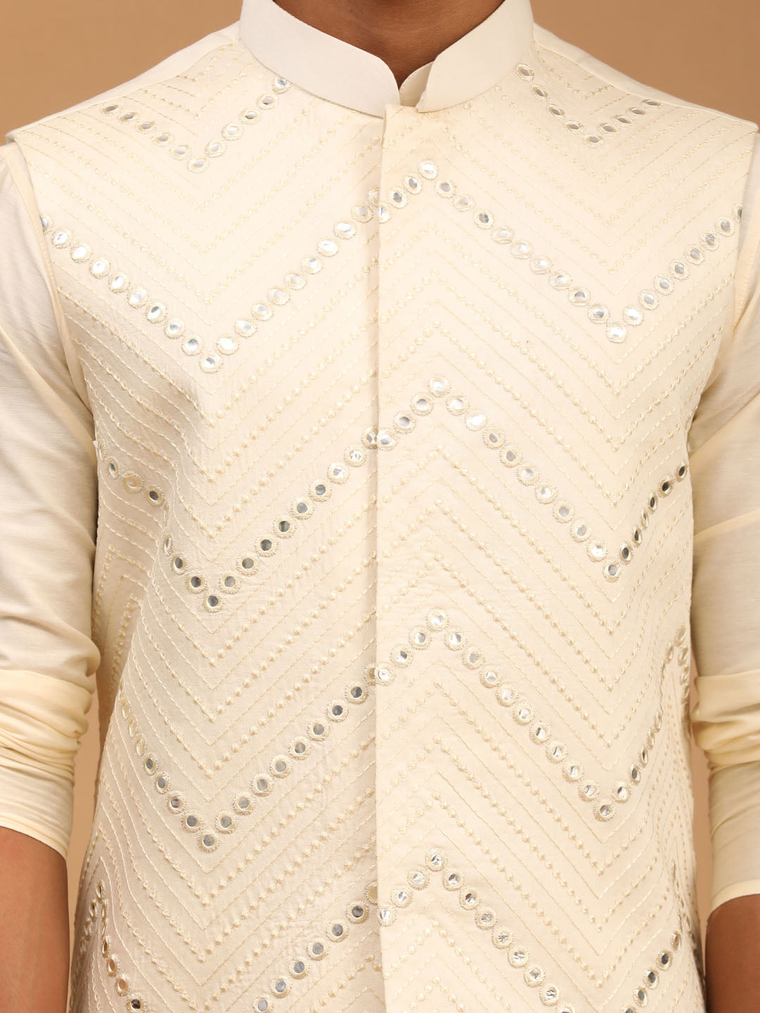 Men's Cream Viscose Straight Jacket  Kurta and Pyjama Set