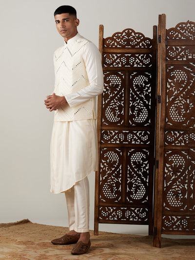 Men's Cream Viscose Straight Jacket  Kurta and Pyjama Set