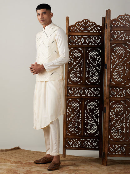 Men's Cream Viscose Straight Jacket  Kurta and Pyjama Set