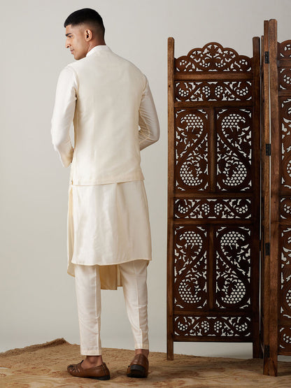 Men's Cream Viscose Straight Jacket  Kurta and Pyjama Set