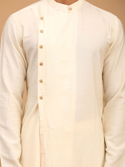 Men's Cream Viscose Straight Jacket  Kurta and Pyjama Set