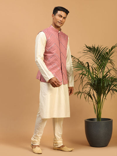 Men's Cream Viscose Straight Jacket  Kurta and Pyjama Set
