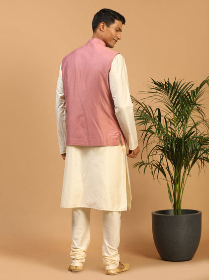 Men's Cream Viscose Straight Jacket  Kurta and Pyjama Set