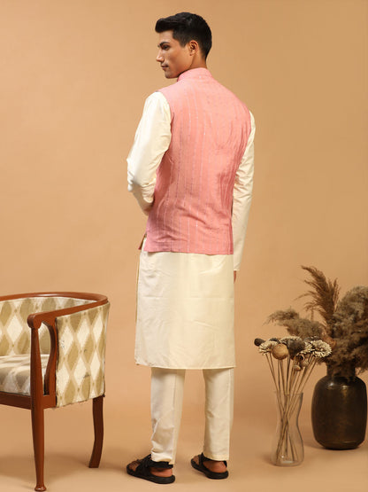 Men's Cream Viscose Straight Jacket  Kurta and Pyjama Set