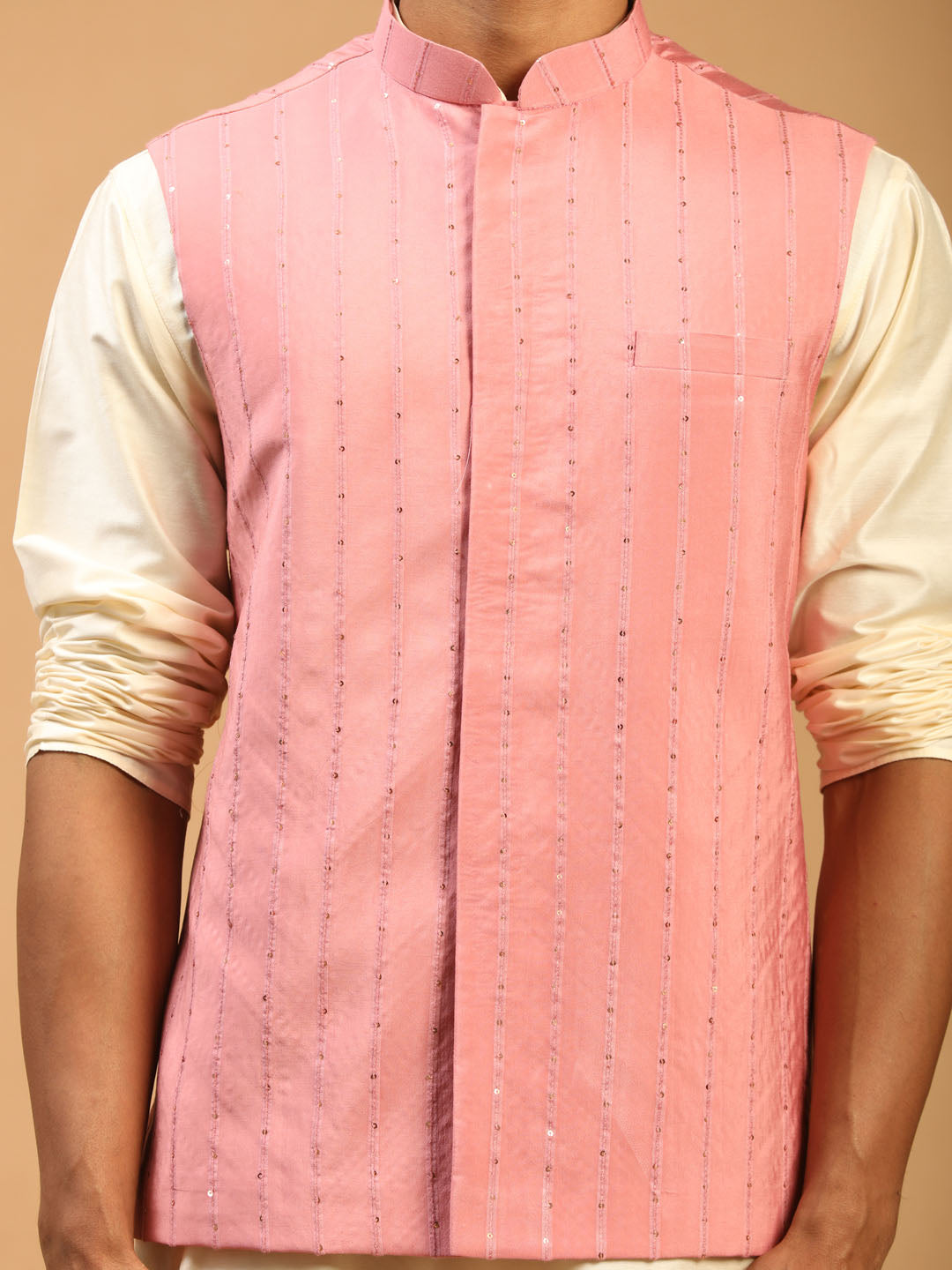 Men's Cream Viscose Straight Jacket  Kurta and Pyjama Set