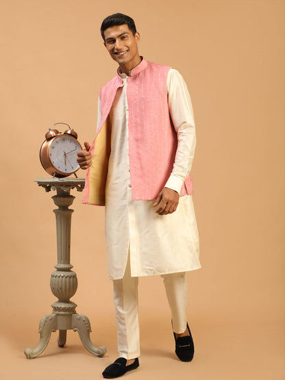 Men's Cream Cotton Blend Straight Jacket  Kurta and Pyjama Set