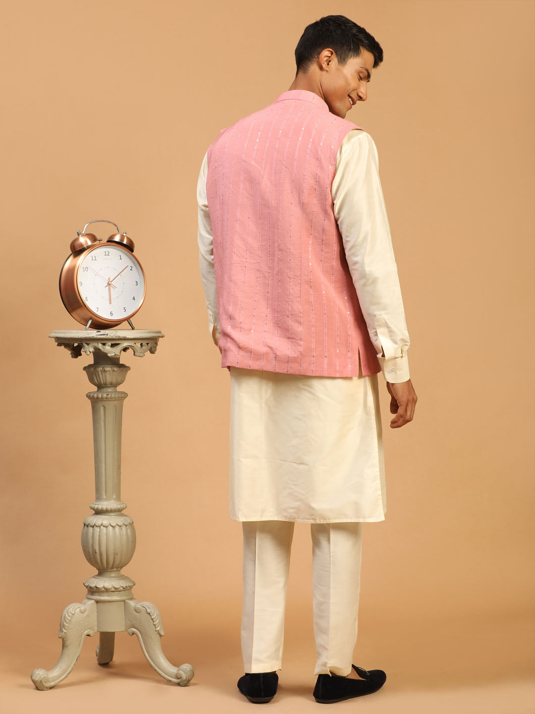 Men's Cream Cotton Blend Straight Jacket  Kurta and Pyjama Set