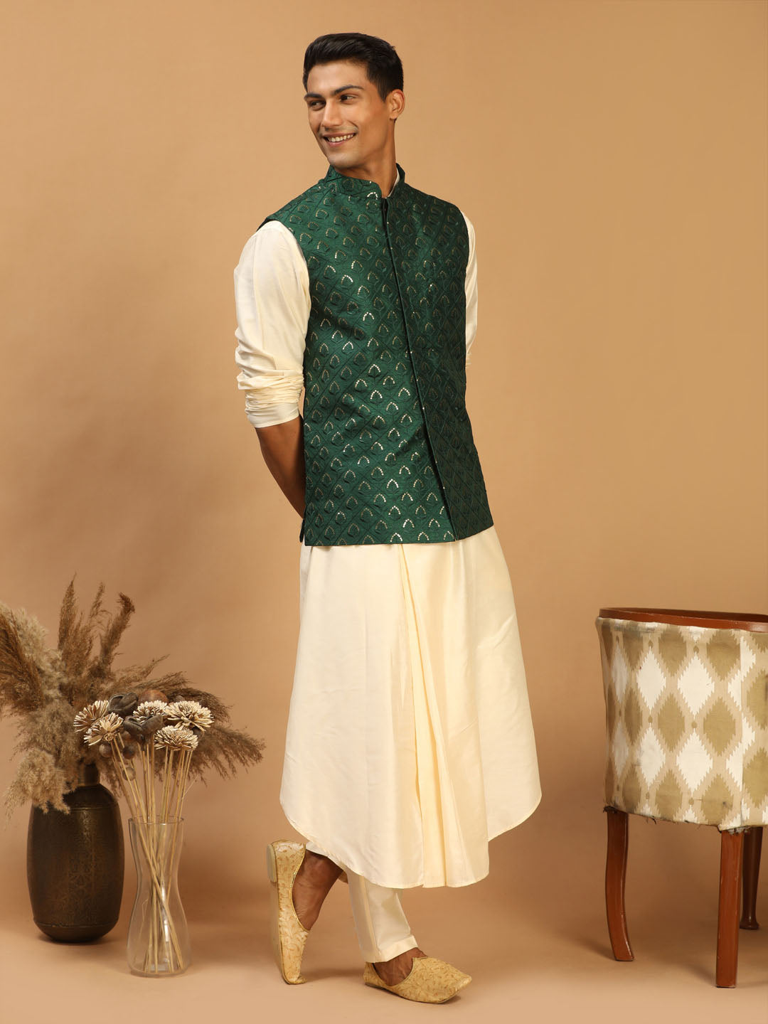 Men's Cream Cotton Blend Straight Jacket  Kurta and Pyjama Set