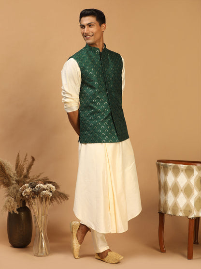 Men's Cream Cotton Blend Straight Jacket  Kurta and Pyjama Set