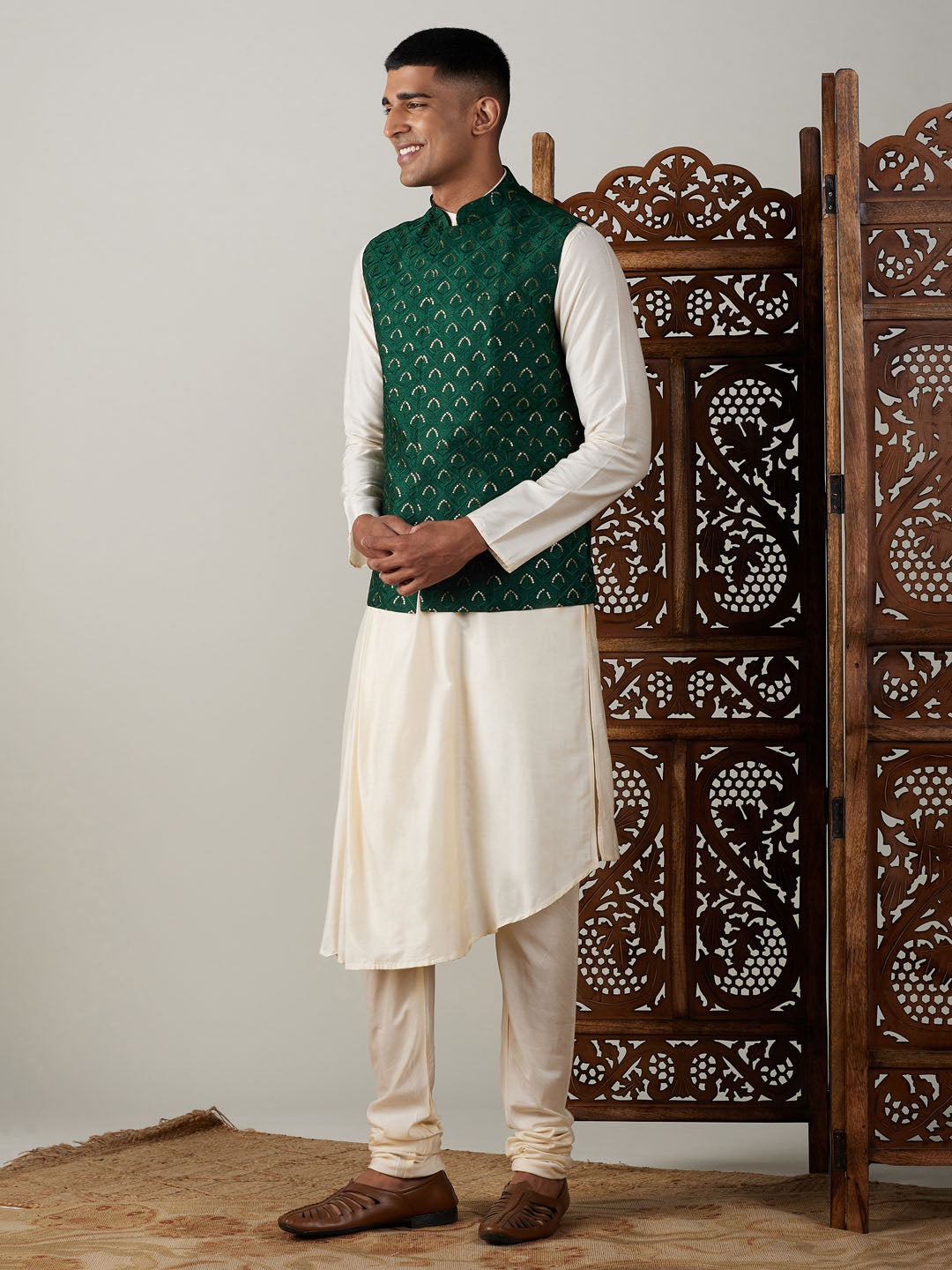 Men's Cream Cotton Blend Straight Jacket  Kurta and Pyjama Set