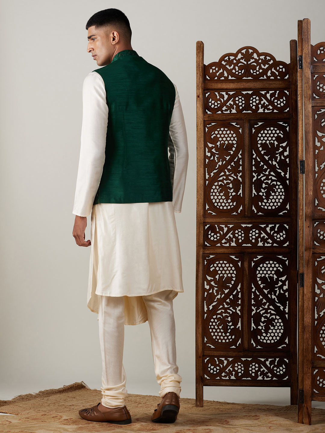 Men's Cream Cotton Blend Straight Jacket  Kurta and Pyjama Set