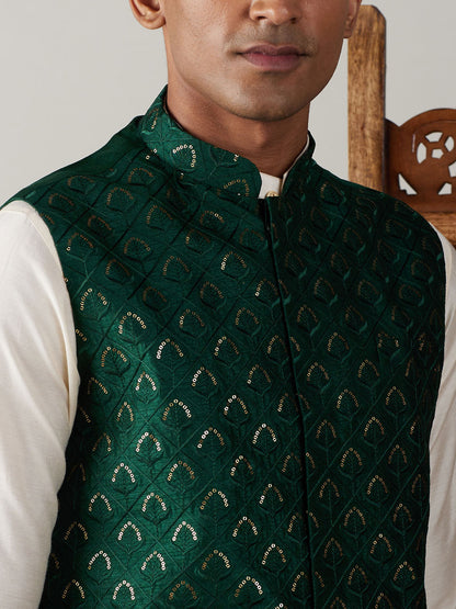 Men's Cream Cotton Blend Straight Jacket  Kurta and Pyjama Set
